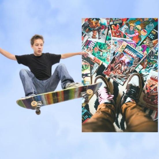 Bannerbillede af skater og tegneserie
