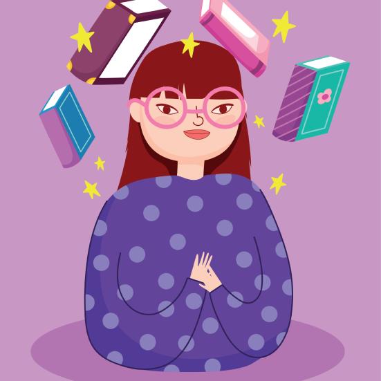 Foto af pige med flyvende bøger rundt om hovedet