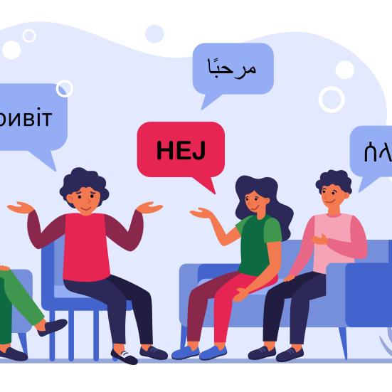 Grafik af folk der siger hej på forskellige sprog