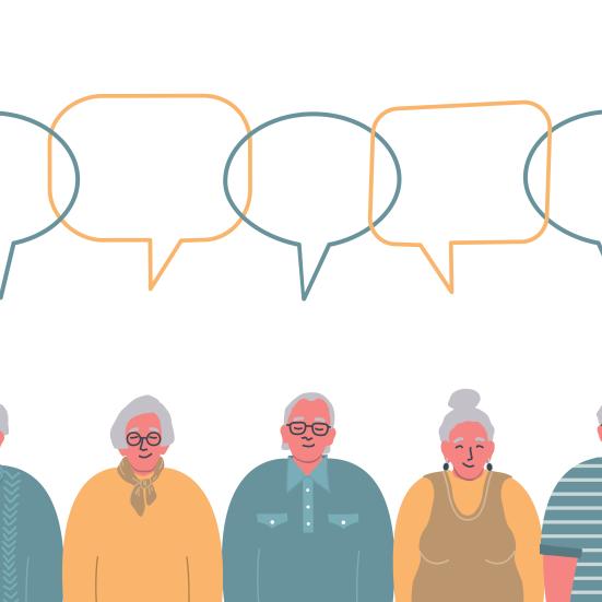 Tegning af ældre borgere der taler sammen.