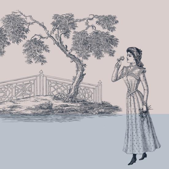 Stregtegning af 1800-tals-dame og bro