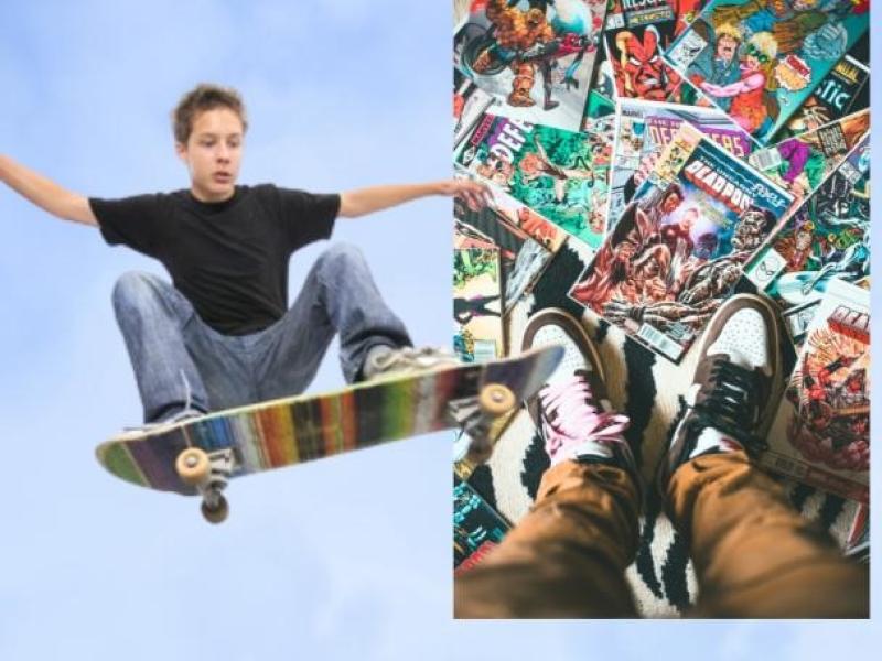 Bannerbillede af skater og tegneserie