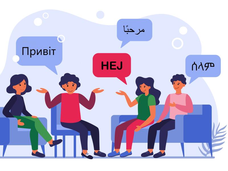 Grafik af folk der siger hej på forskellige sprog