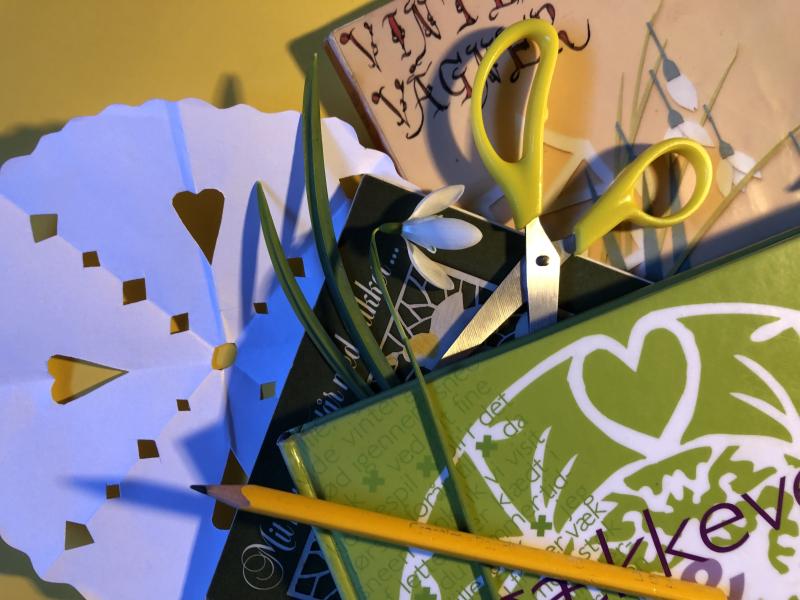 Gækkebrev, saks, pen og bøger med gækkevers