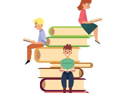 Foto af børn der sidder og læser på en stabel af bøger