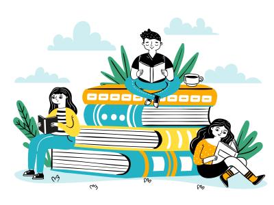 Tegning af folk der læser