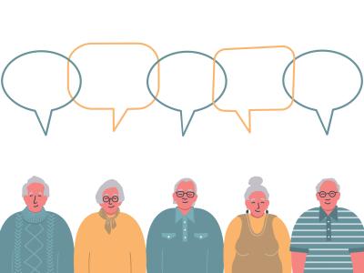 Tegning af ældre borgere der taler sammen.