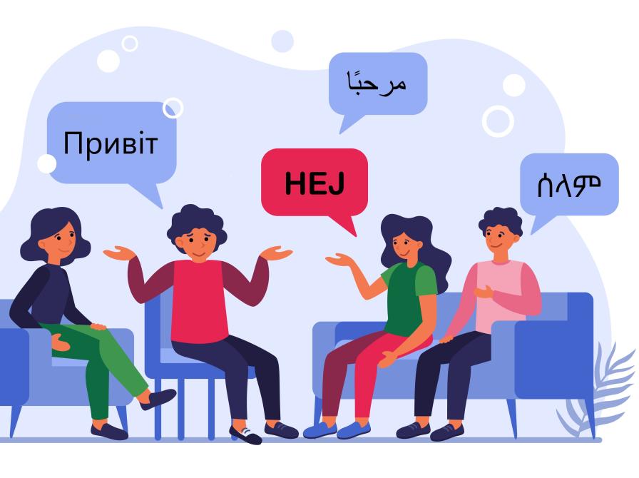 Grafik af folk der siger hej på forskellige sprog