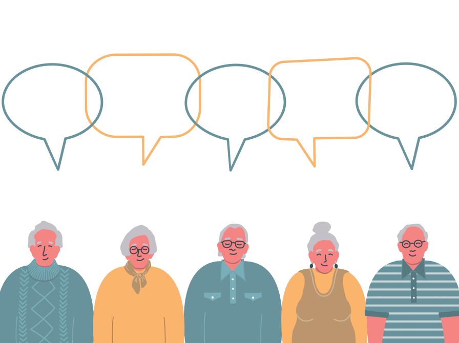 Tegning af ældre borgere der taler sammen.