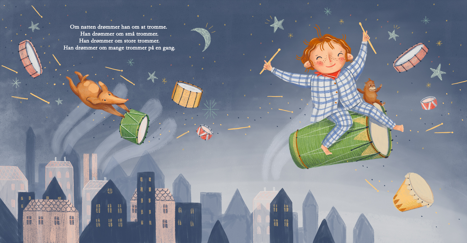 Louis Larmer - illustration med dreng der flyver med tromme